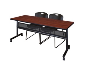 72" x 24" Flip Top Mobile Training Table with Modesty Panel - Cherry and 2 Zeng Stack Chairs - Black