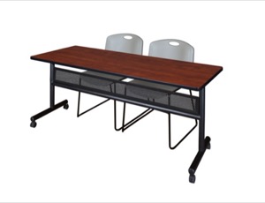 72" x 24" Flip Top Mobile Training Table with Modesty Panel - Cherry and 2 Zeng Stack Chairs - Grey