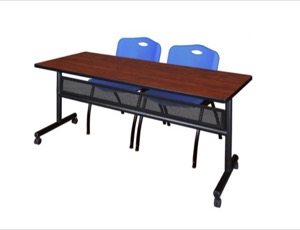 72" x 24" Flip Top Mobile Training Table with Modesty Panel - Cherry and 2 "M" Stack Chairs - Blue