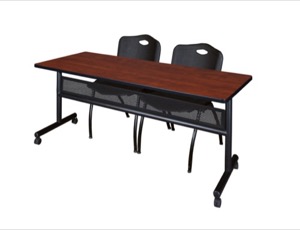 72" x 24" Flip Top Mobile Training Table with Modesty Panel - Cherry and 2 "M" Stack Chairs - Black