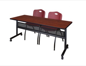 72" x 24" Flip Top Mobile Training Table with Modesty Panel - Cherry and 2 "M" Stack Chairs - Burgundy