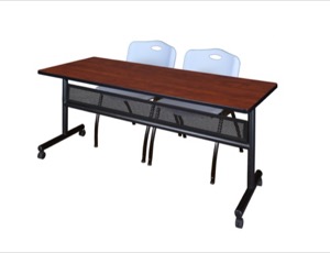 72" x 24" Flip Top Mobile Training Table with Modesty Panel - Cherry and 2 "M" Stack Chairs - Grey