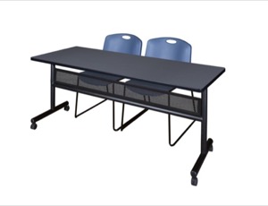 72" x 24" Flip Top Mobile Training Table with Modesty Panel - Grey and 2 Zeng Stack Chairs - Blue