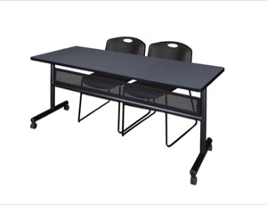 72" x 24" Flip Top Mobile Training Table with Modesty Panel - Grey and 2 Zeng Stack Chairs - Black