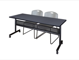 72" x 24" Flip Top Mobile Training Table with Modesty Panel - Grey and 2 Zeng Stack Chairs - Grey