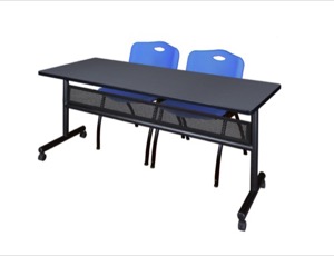 72" x 24" Flip Top Mobile Training Table with Modesty Panel - Grey and 2 "M" Stack Chairs - Blue