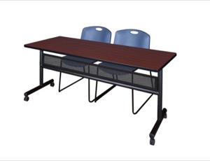 72" x 24" Flip Top Mobile Training Table with Modesty Panel - Mahogany and 2 Zeng Stack Chairs - Blue