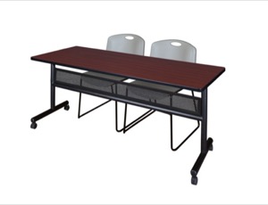 72" x 24" Flip Top Mobile Training Table with Modesty Panel - Mahogany and 2 Zeng Stack Chairs - Grey