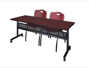 72" x 24" Flip Top Mobile Training Table with Modesty Panel - Mahogany and 2 "M" Stack Chairs - Burgundy