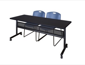 72" x 24" Flip Top Mobile Training Table with Modesty Panel - Mocha Walnut and 2 Zeng Stack Chairs - Blue