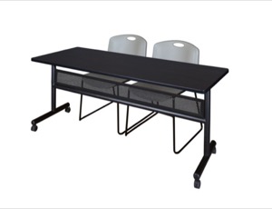 72" x 24" Flip Top Mobile Training Table with Modesty Panel - Mocha Walnut and 2 Zeng Stack Chairs - Grey