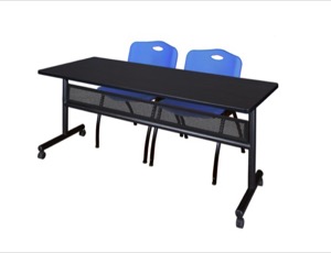 72" x 24" Flip Top Mobile Training Table with Modesty Panel - Mocha Walnut and 2 "M" Stack Chairs - Blue