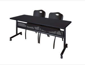 72" x 24" Flip Top Mobile Training Table with Modesty Panel - Mocha Walnut and 2 "M" Stack Chairs - Black