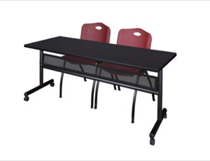 72" x 24" Flip Top Mobile Training Table with Modesty Panel - Mocha Walnut and 2 "M" Stack Chairs - Burgundy