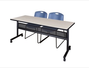 72" x 24" Flip Top Mobile Training Table with Modesty Panel - Maple and 2 Zeng Stack Chairs - Blue