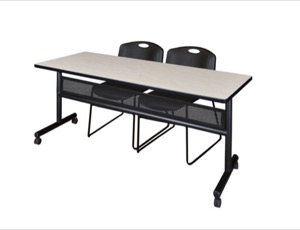 72" x 24" Flip Top Mobile Training Table with Modesty Panel - Maple and 2 Zeng Stack Chairs - Black