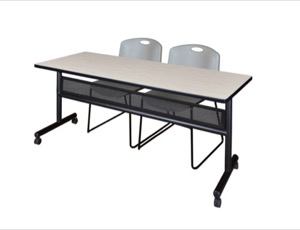 72" x 24" Flip Top Mobile Training Table with Modesty Panel - Maple and 2 Zeng Stack Chairs - Grey