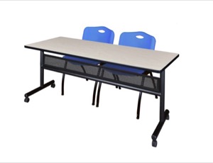 72" x 24" Flip Top Mobile Training Table with Modesty Panel - Maple and 2 "M" Stack Chairs - Blue