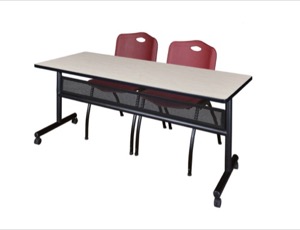 72" x 24" Flip Top Mobile Training Table with Modesty Panel - Maple and 2 "M" Stack Chairs - Burgundy