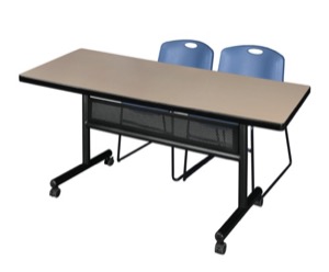 72" x 30" Flip Top Mobile Training Table with Modesty Panel - Beige and 2 Zeng Stack Chairs - Blue