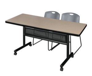 72" x 30" Flip Top Mobile Training Table with Modesty Panel - Beige and 2 Zeng Stack Chairs - Grey