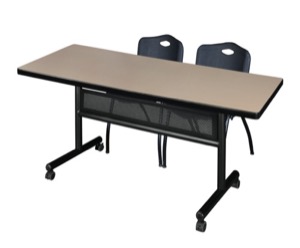 72" x 30" Flip Top Mobile Training Table with Modesty Panel - Beige and 2 "M" Stack Chairs - Black