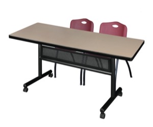 72" x 30" Flip Top Mobile Training Table with Modesty Panel - Beige and 2 "M" Stack Chairs - Burgundy