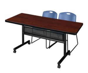 72" x 30" Flip Top Mobile Training Table with Modesty Panel - Cherry and 2 Zeng Stack Chairs - Blue