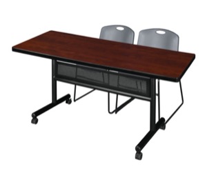 72" x 30" Flip Top Mobile Training Table with Modesty Panel - Cherry and 2 Zeng Stack Chairs - Grey