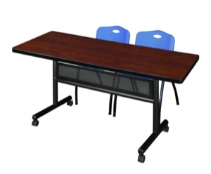72" x 30" Flip Top Mobile Training Table with Modesty Panel - Cherry and 2 "M" Stack Chairs - Blue