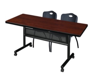 72" x 30" Flip Top Mobile Training Table with Modesty Panel - Cherry and 2 "M" Stack Chairs - Black