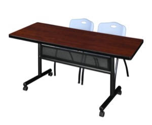 72" x 30" Flip Top Mobile Training Table with Modesty Panel - Cherry and 2 "M" Stack Chairs - Grey