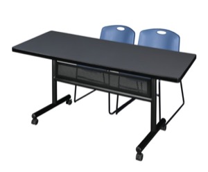 72" x 30" Flip Top Mobile Training Table with Modesty Panel - Grey and 2 Zeng Stack Chairs - Blue