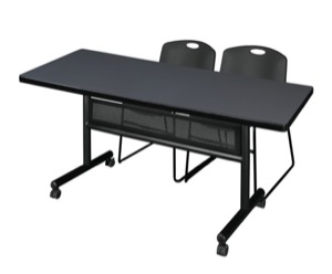72" x 30" Flip Top Mobile Training Table with Modesty Panel - Grey and 2 Zeng Stack Chairs - Black