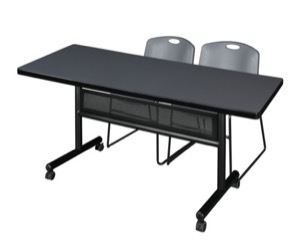 72" x 30" Flip Top Mobile Training Table with Modesty Panel - Grey and 2 Zeng Stack Chairs - Grey