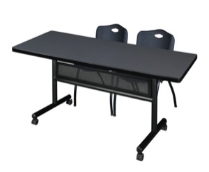 72" x 30" Flip Top Mobile Training Table with Modesty Panel - Grey and 2 "M" Stack Chairs - Black