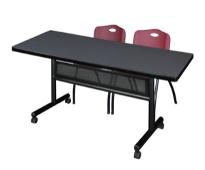72" x 30" Flip Top Mobile Training Table with Modesty Panel - Grey and 2 "M" Stack Chairs - Burgundy