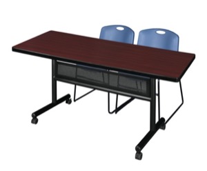 72" x 30" Flip Top Mobile Training Table with Modesty Panel - Mahogany and 2 Zeng Stack Chairs - Blue