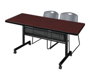 72" x 30" Flip Top Mobile Training Table with Modesty Panel - Mahogany and 2 Zeng Stack Chairs - Grey