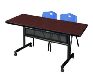 72" x 30" Flip Top Mobile Training Table with Modesty Panel - Mahogany and 2 "M" Stack Chairs - Blue