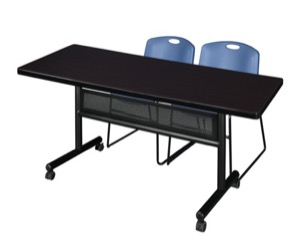 72" x 30" Flip Top Mobile Training Table with Modesty Panel - Mocha Walnut and 2 Zeng Stack Chairs - Blue