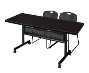 72" x 30" Flip Top Mobile Training Table with Modesty Panel - Mocha Walnut and 2 Zeng Stack Chairs - Black