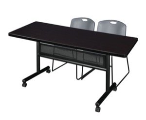 72" x 30" Flip Top Mobile Training Table with Modesty Panel - Mocha Walnut and 2 Zeng Stack Chairs - Grey