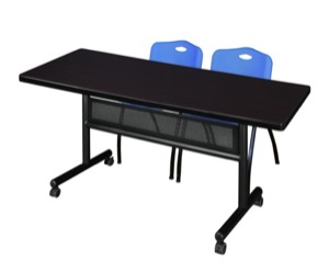 72" x 30" Flip Top Mobile Training Table with Modesty Panel - Mocha Walnut and 2 "M" Stack Chairs - Blue