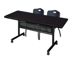 72" x 30" Flip Top Mobile Training Table with Modesty Panel - Mocha Walnut and 2 "M" Stack Chairs - Black