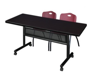 72" x 30" Flip Top Mobile Training Table with Modesty Panel - Mocha Walnut and 2 "M" Stack Chairs - Burgundy