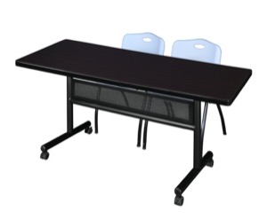 72" x 30" Flip Top Mobile Training Table with Modesty Panel - Mocha Walnut and 2 "M" Stack Chairs - Grey