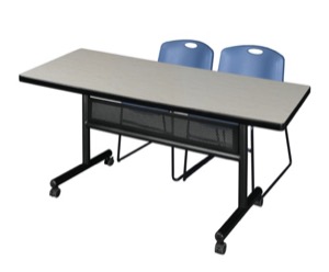 72" x 30" Flip Top Mobile Training Table with Modesty Panel - Maple and 2 Zeng Stack Chairs - Blue