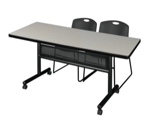 72" x 30" Flip Top Mobile Training Table with Modesty Panel - Maple and 2 Zeng Stack Chairs - Black