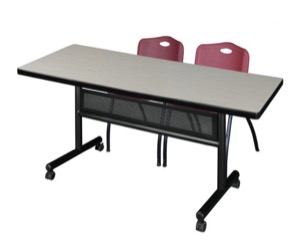 72" x 30" Flip Top Mobile Training Table with Modesty Panel - Maple and 2 "M" Stack Chairs - Burgundy
